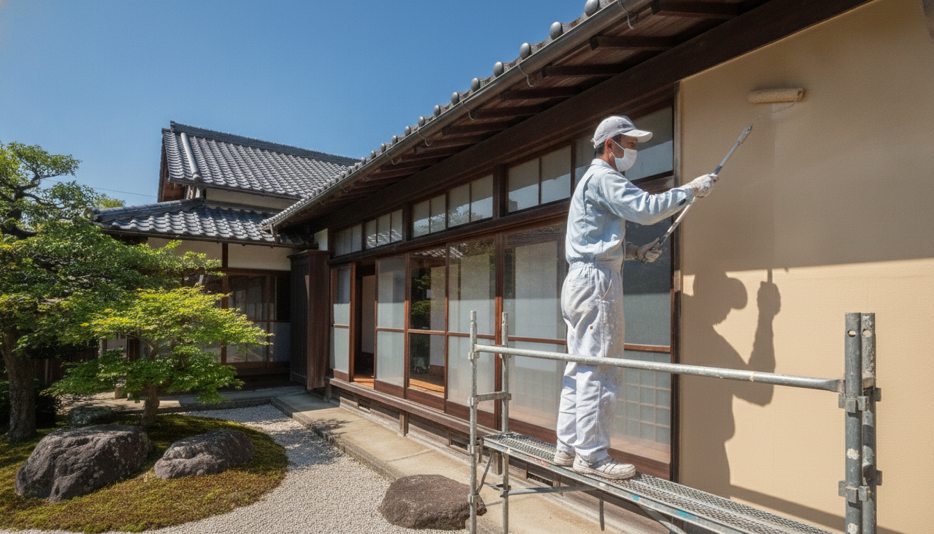 一般的な30坪〜40坪の日本の住宅で、ローラーを使って丁寧に外壁を塗装する職人
