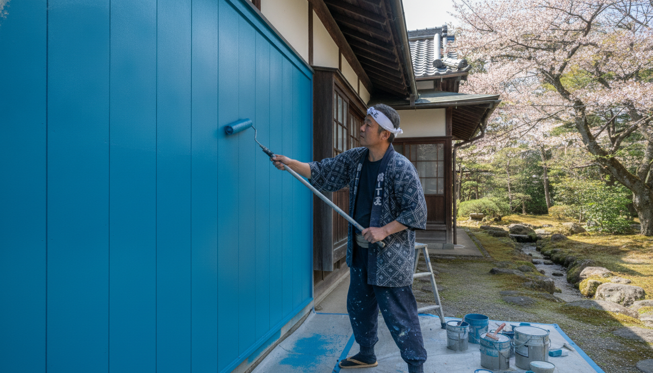丁寧に作業する塗装職人 ローラーを使って外壁を丁寧に塗装している地元の熟練した日本人職人