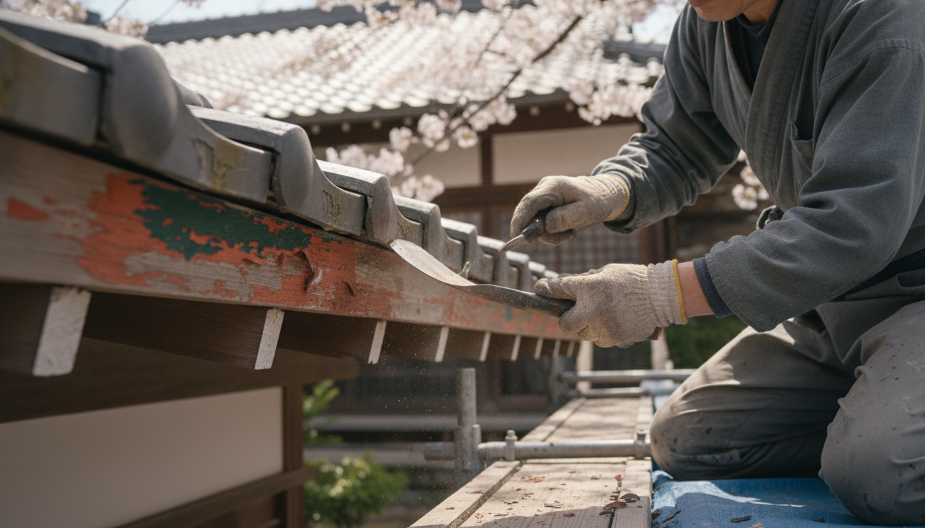 専用工具を使って屋根側面の古い塗膜を丁寧に削り落とす職人