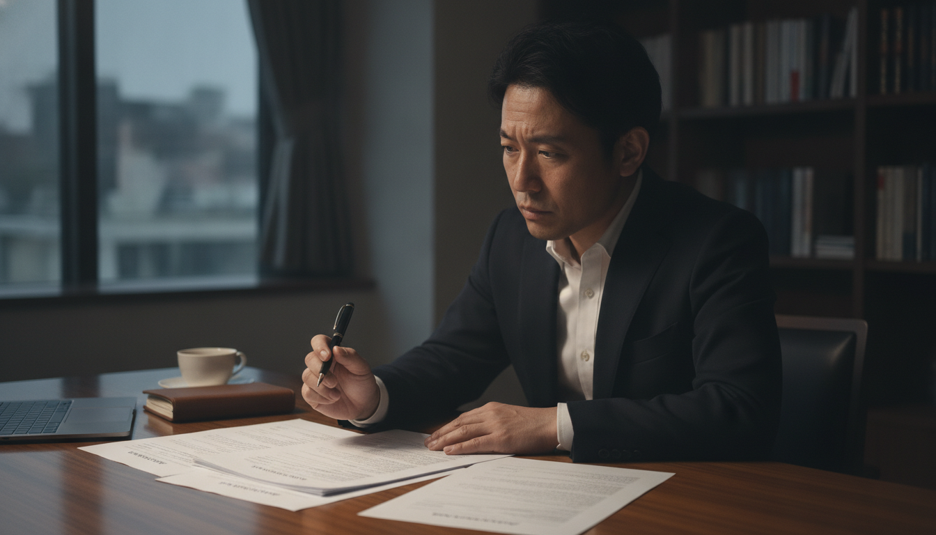机に向かいローン審査の書類を見ながら少し悩んでいる男性の様子