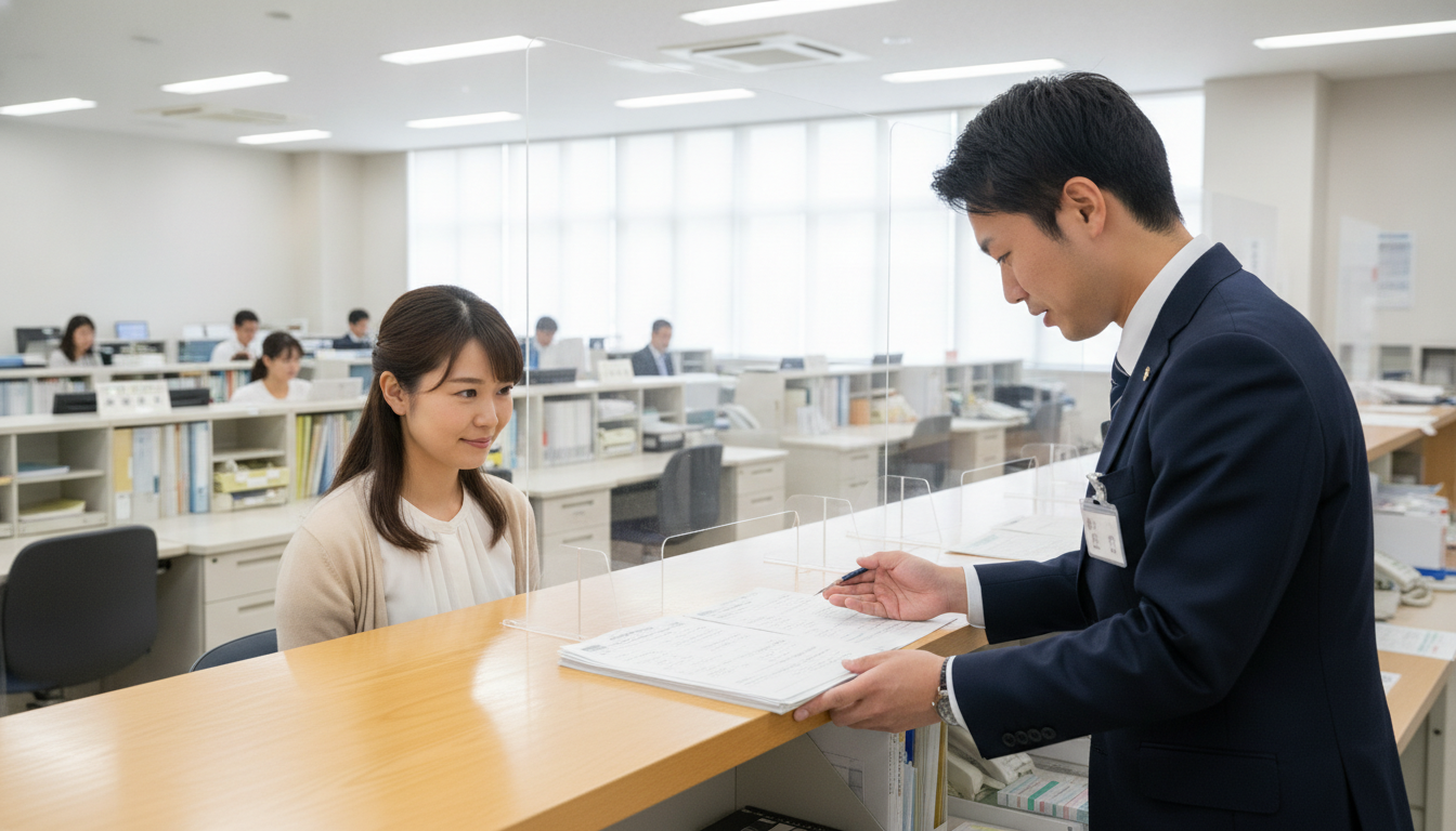 市町村の窓口で外壁塗装の補助金について説明を受ける住民の様子