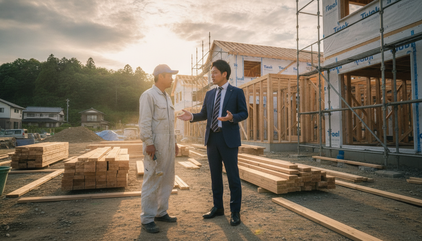 住宅の建築現場で打ち合わせをするスーツ姿の担当者と塗装職人