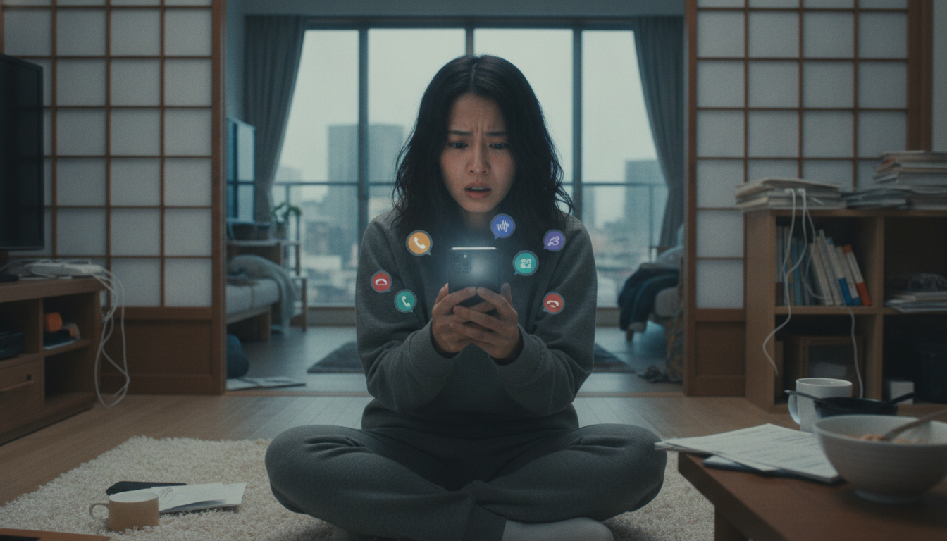 スマートフォンに複数業者から次々と着信があり困惑する様子
