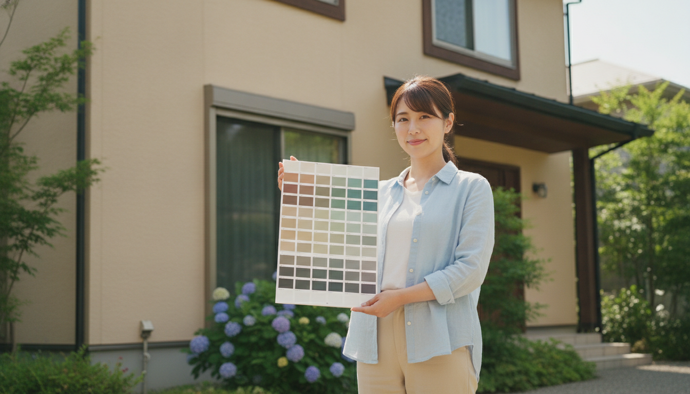 屋外での色見本確認 太陽光の下で大きな色見本を外壁に当てて仕上がりを確認する様子