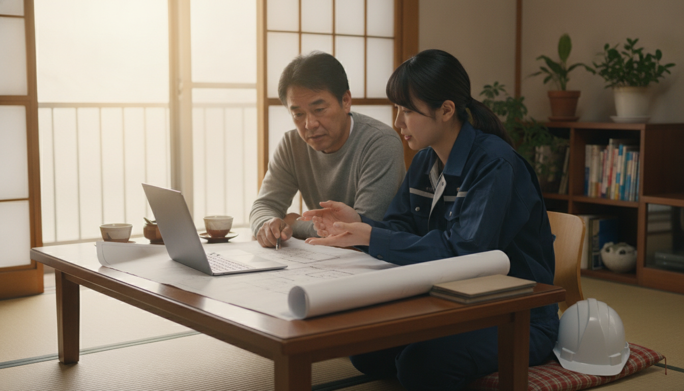 工事着手前に施主と業者が書類を見ながら確認している様子
