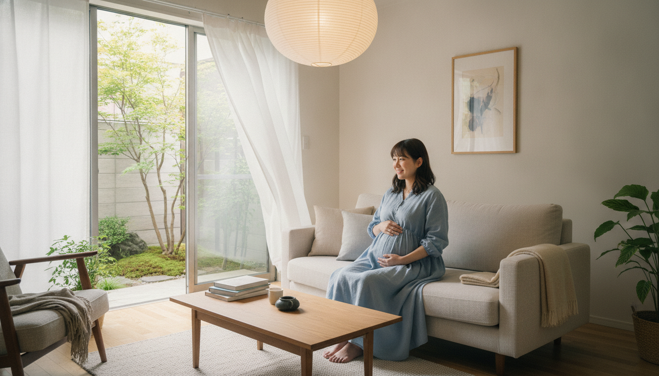 安全で清潔な部屋でリラックスして過ごす日本の妊婦さん