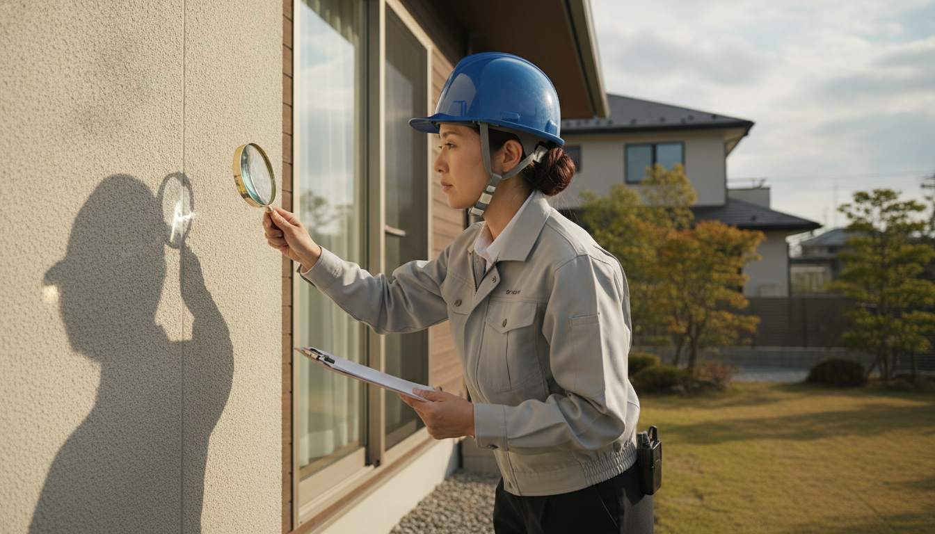 制服を着た日本の専門家が虫眼鏡とバインダーを持って外壁の状態を診断している様子