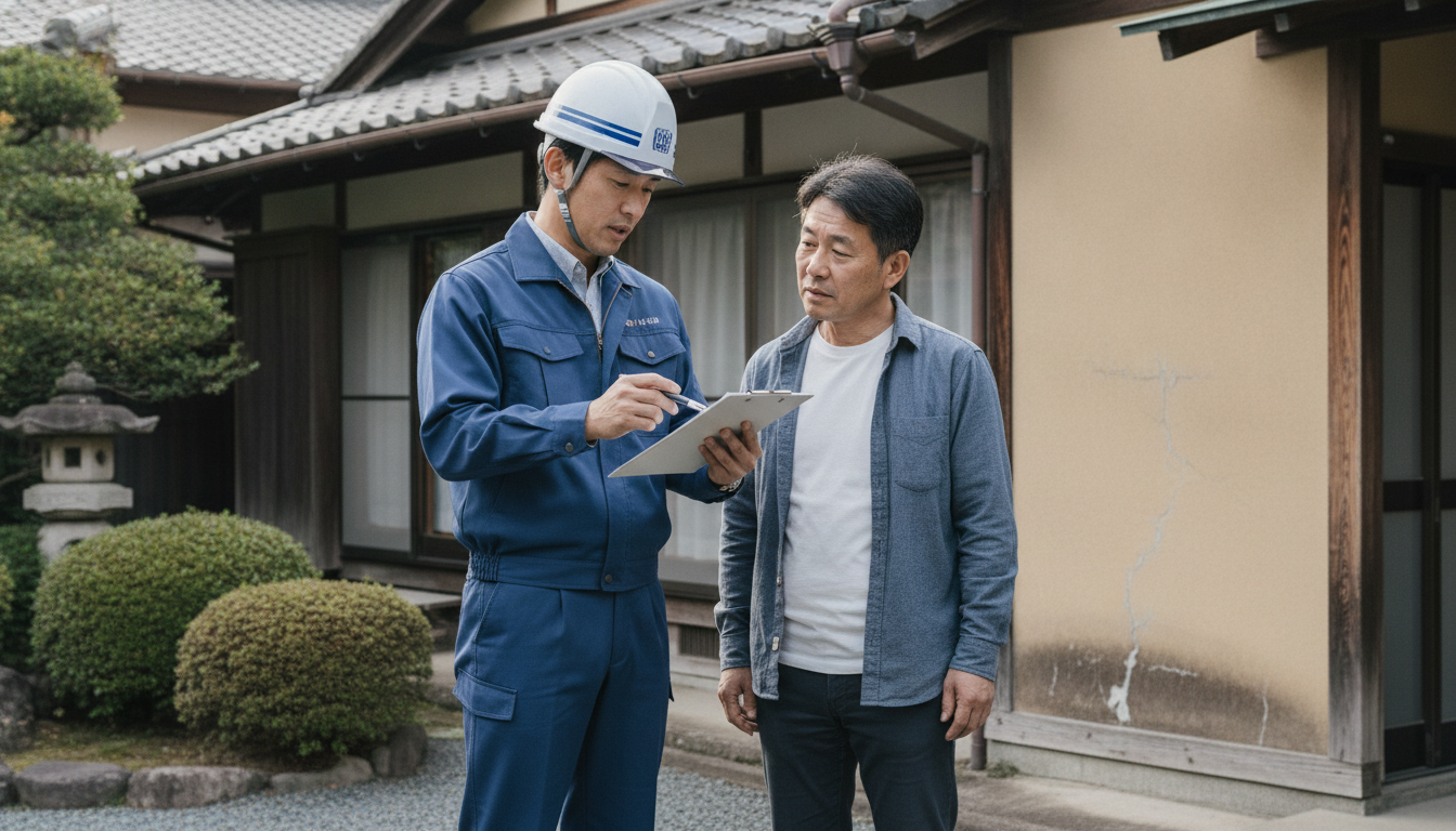 専門業者による現地調査 家の外壁の状態を細かく計測し、持ち主に対して専門的な視点から丁寧に説明を行う業者