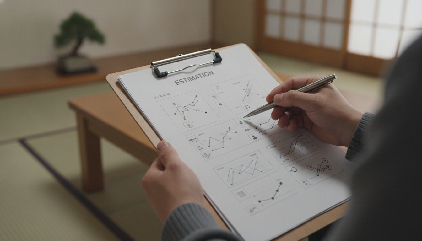 クリップボードに挟まれた詳細な見積書をペンで指し示しながら確認している手元