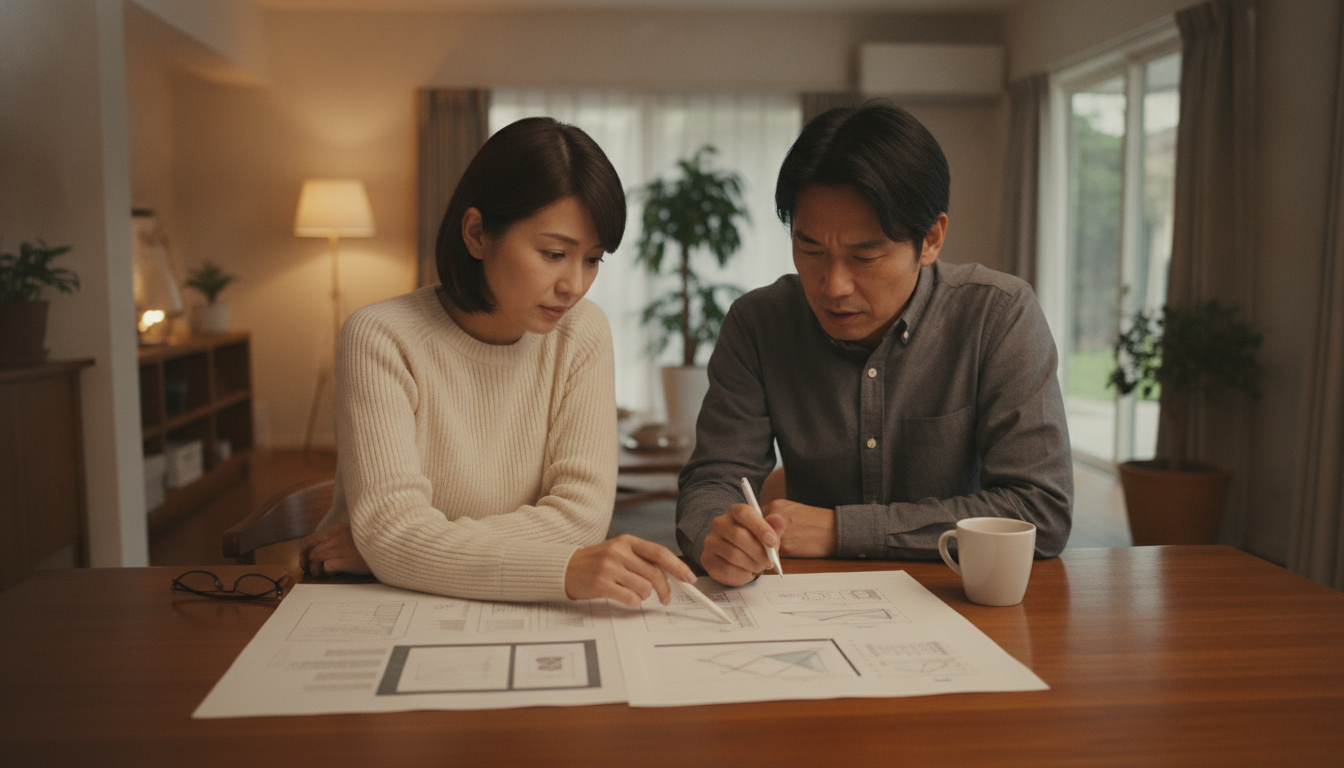 詳細な見積書の比較検討 ダイニングテーブルで、塗料のグレードや施工面積が詳細に記載された見積書を確認する夫婦