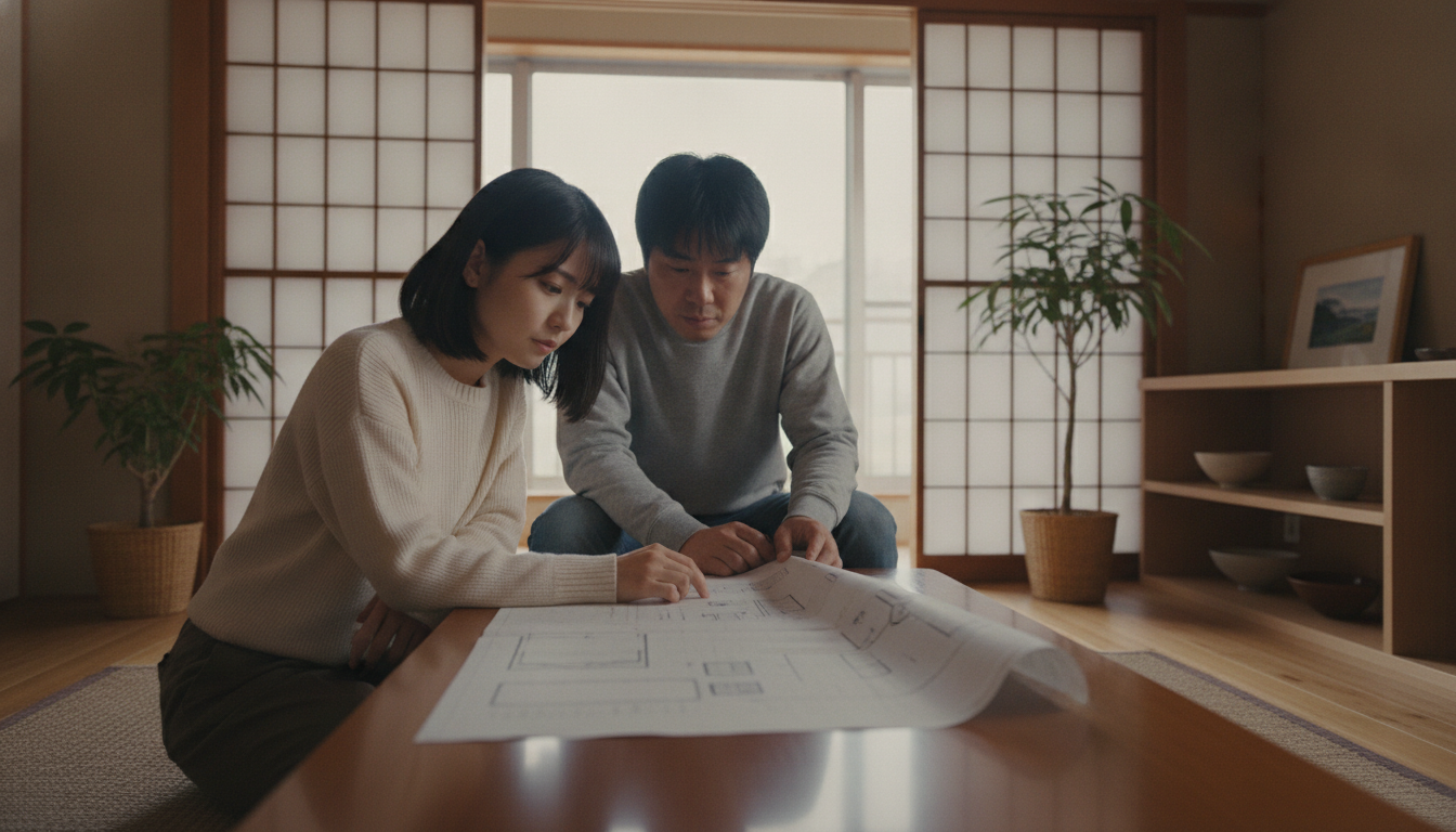 見積もりを確認する夫婦 リビングで見積もり書を確認しながら屋根リフォーム費用を相談する夫婦