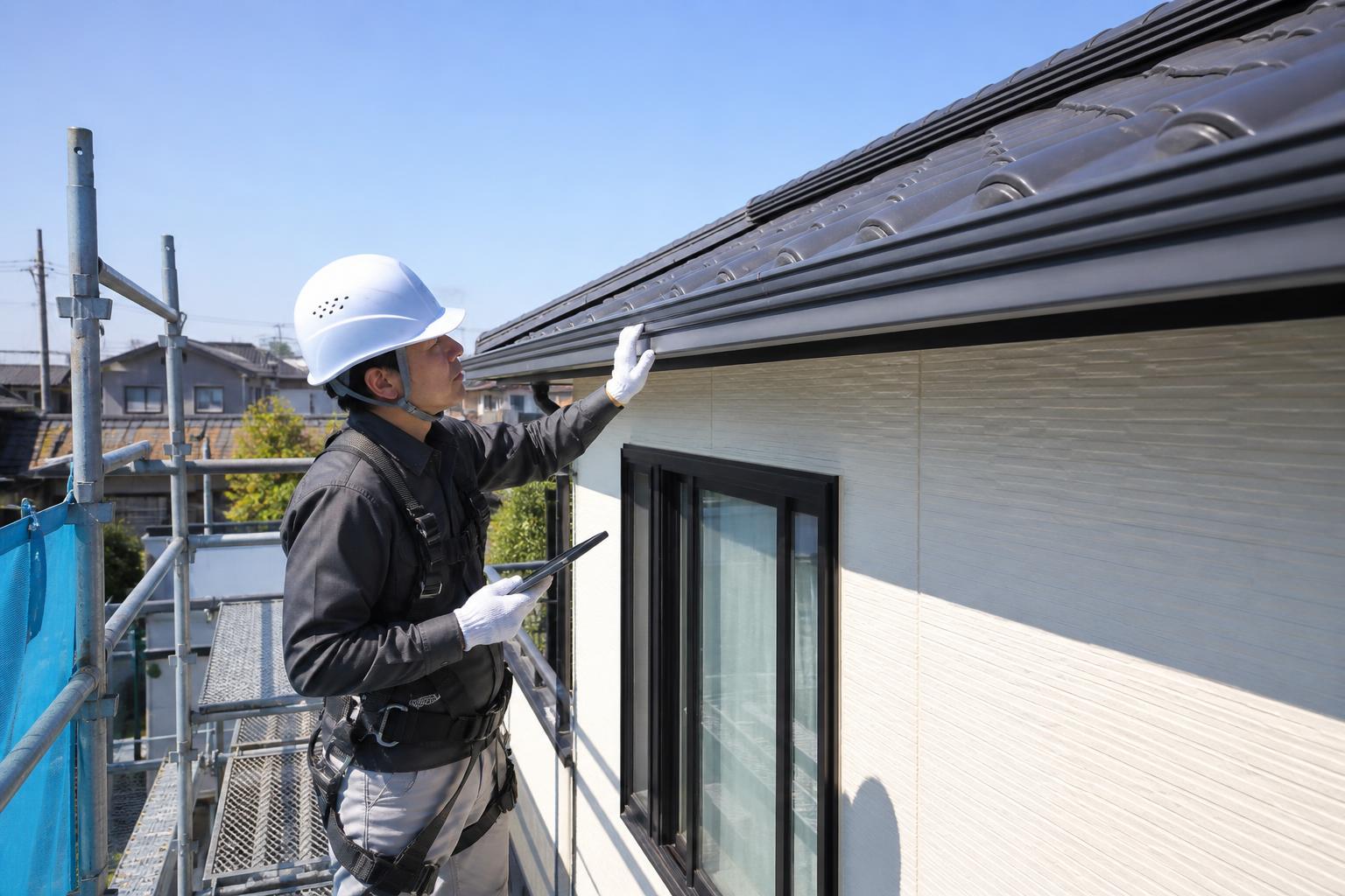足場から戸建ての屋根と外壁を同時に点検する専門家