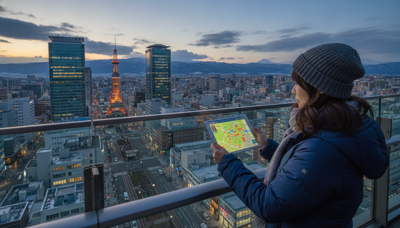 札幌市内のエリア別物件探し 札幌の街並みを背景にタブレットでエリア別の物件情報を探す日本人
