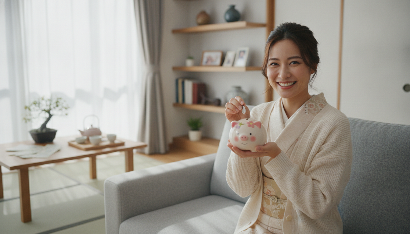 外壁塗装費用を安く抑える 明るいリビングで豚の貯金箱を持ち笑顔を見せる日本人の女性