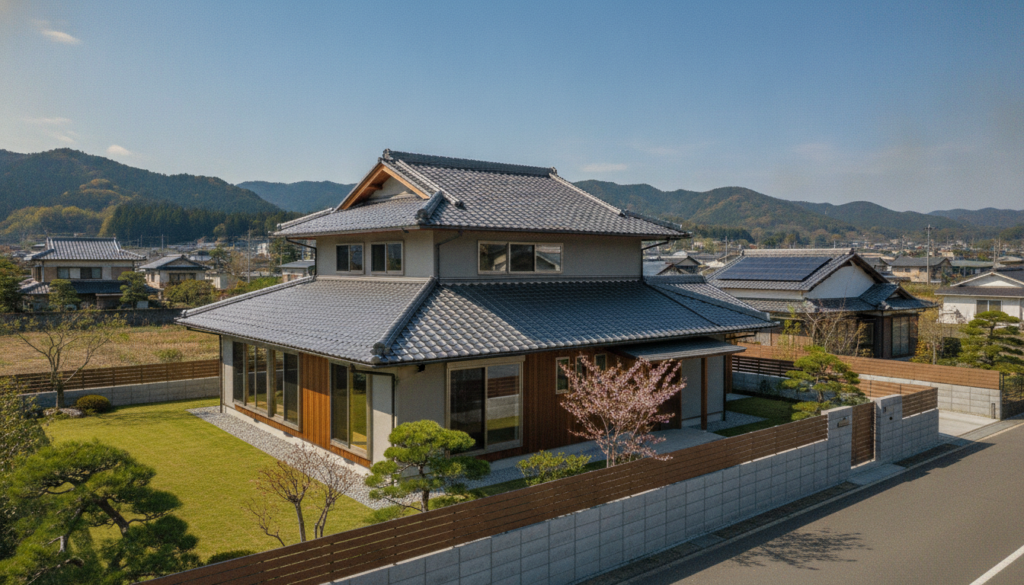 綺麗にメンテナンスされた屋根を持つモダンな日本の住宅の外観