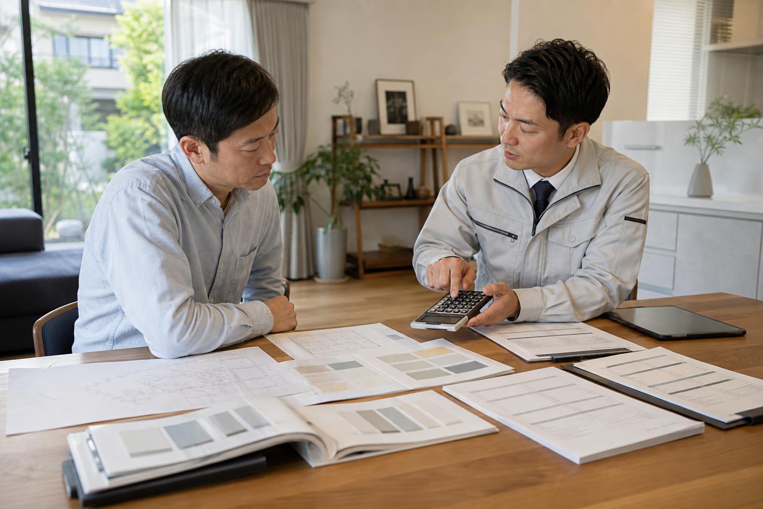外壁塗装の複数見積もりと塗料見本を比較する住民