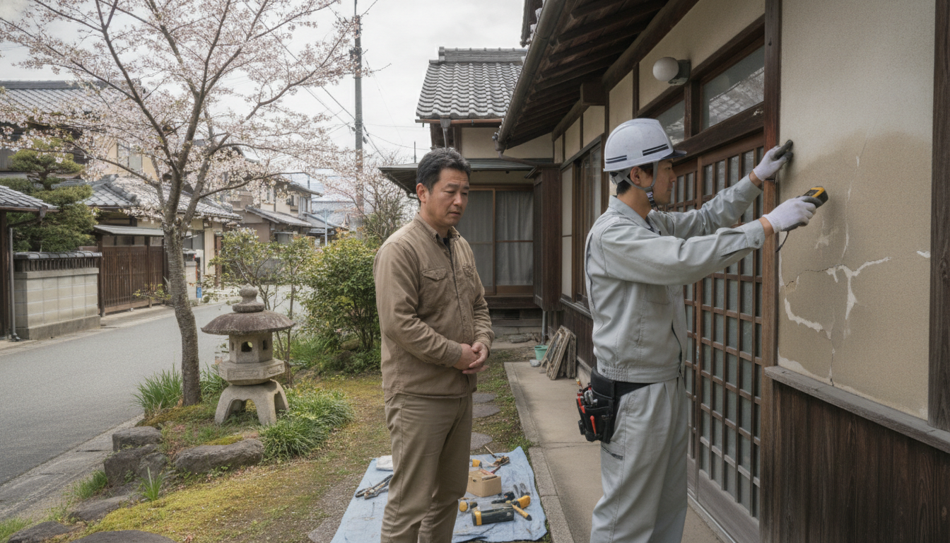 外壁の現地調査を行う業者と、立ち会いに少し疲れた様子の住人