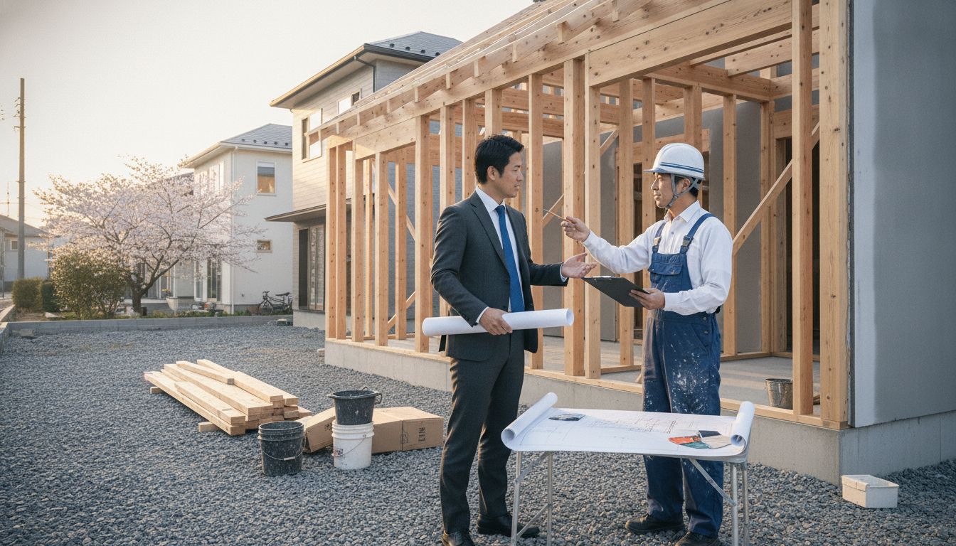 現場での打ち合わせ風景 住宅の前で打ち合わせをする現場監督と塗装職人