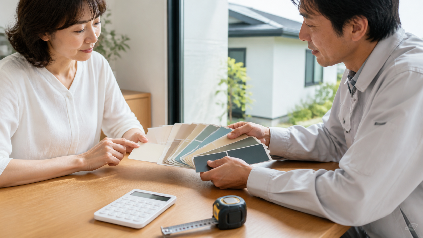 外壁塗装の色見本を住まい手と担当者が比較する様子
