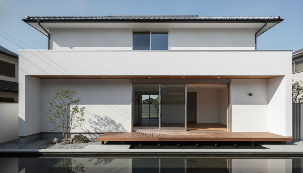 青空の下に建つ美しい外壁のモダンな日本の住宅