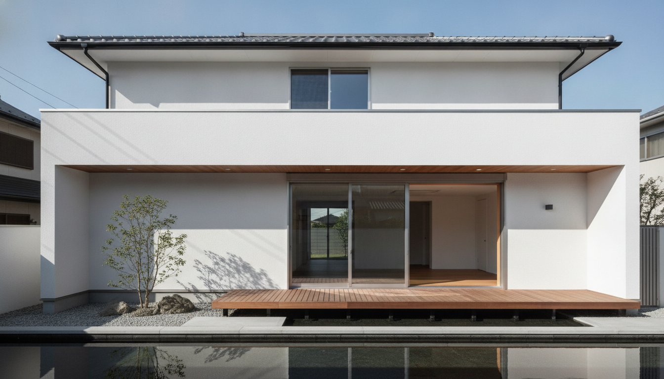青空の下に建つ美しい外壁のモダンな日本の住宅