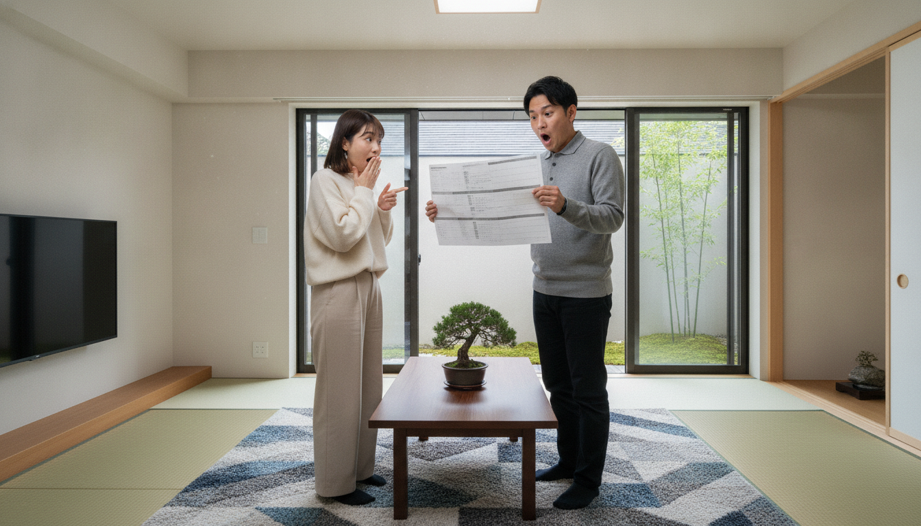 見積もり額に驚く夫婦 リビングで見積書を見て予想以上の金額に驚く日本人夫婦