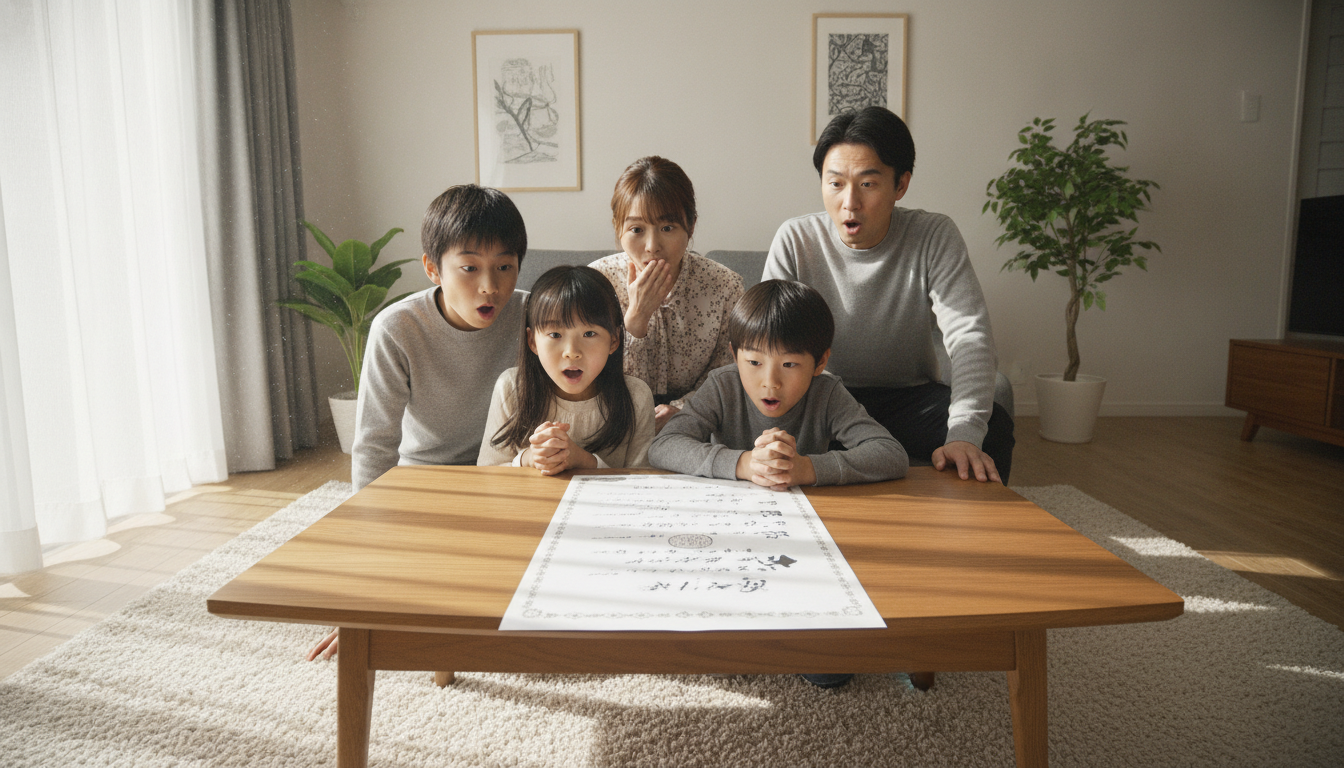 見積もりに驚く家族 明るいリビングで見積書を見て驚く日本の家族の様子