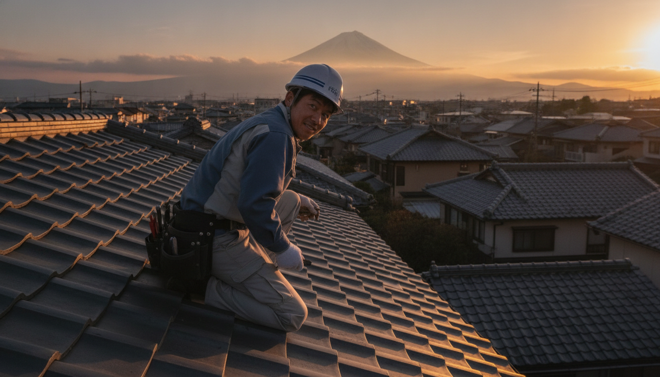 住宅の屋根に登り点検をしているふりをする作業着姿の日本の男性