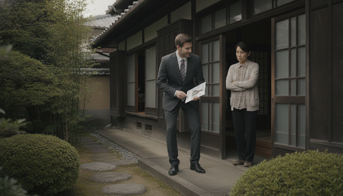 訪問販売の業者に注意 無料を謳う怪しい訪問業者に対し、玄関先で警戒する住人の様子