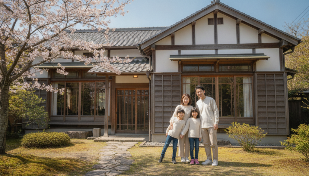 綺麗にメンテナンスされた外壁の日本の戸建て住宅と笑顔の家族