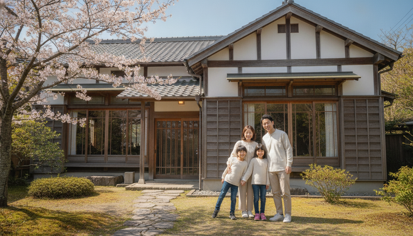 綺麗にメンテナンスされた外壁の日本の戸建て住宅と笑顔の家族