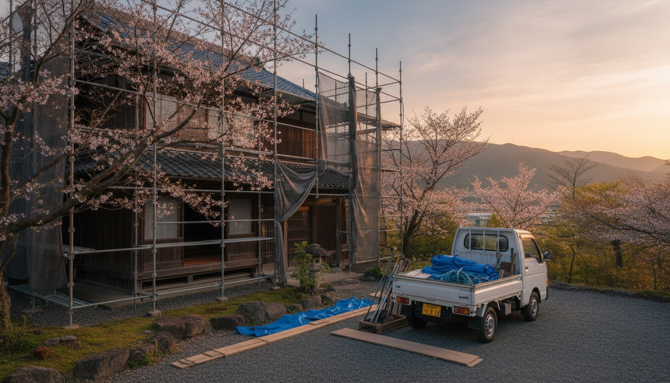 整理された駐車スペース 足場が組まれ、作業車が停められた整理整頓された家の周り