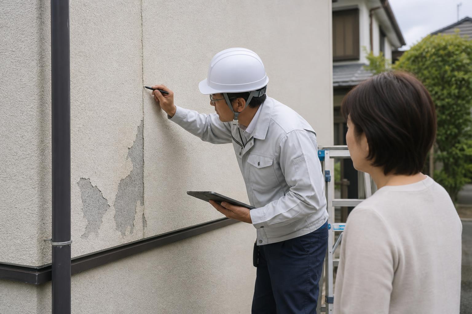 外壁の専門現地調査 東京の戸建てでひび割れや塗膜劣化を調べる外壁専門家