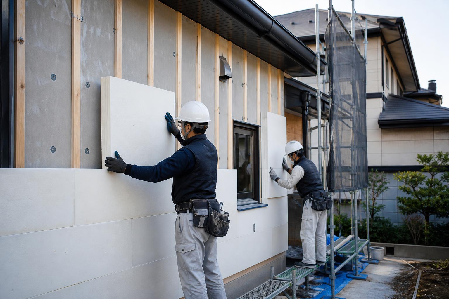 東京都内の住宅外壁へ断熱材を施工する改修現場