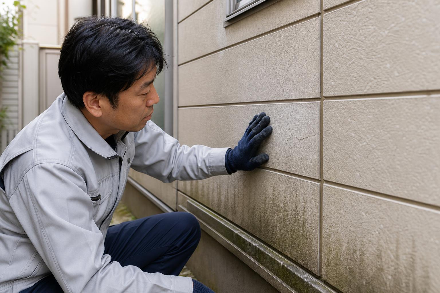 専門業者が外壁の色あせやひび割れを点検する場面