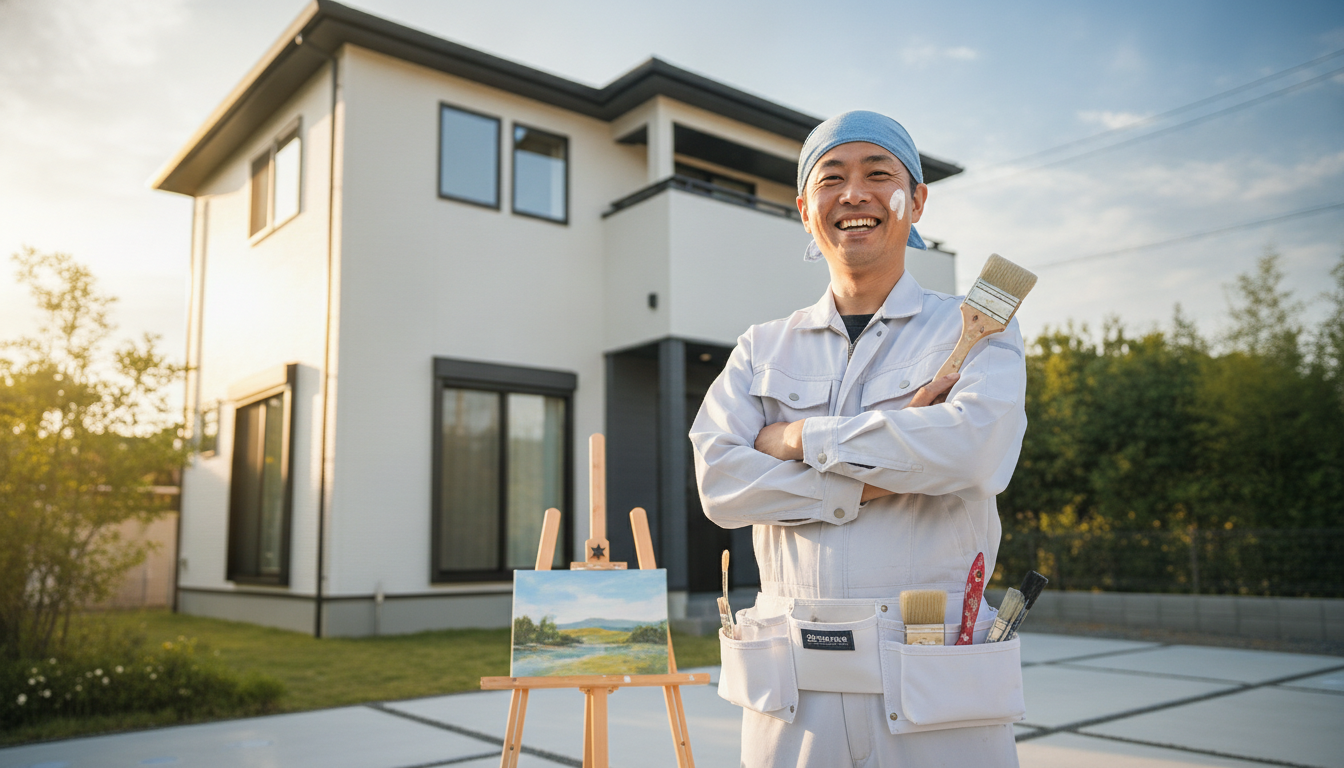 信頼できる自社施工の職人 笑顔で家の前に立つ、信頼感と専門性を感じさせる日本の塗装職人