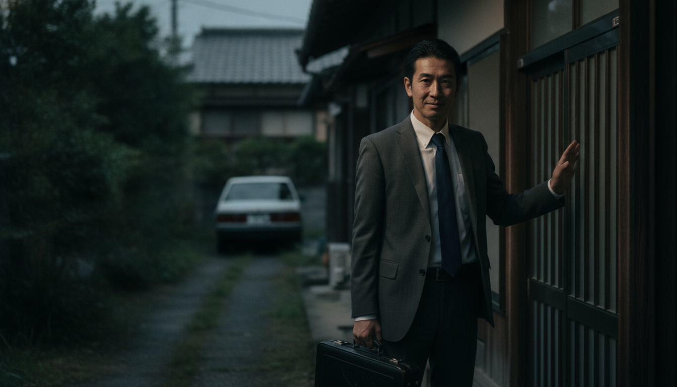 悪徳業者の訪問営業に注意 住宅の玄関先に立つ怪しい雰囲気の訪問営業マン