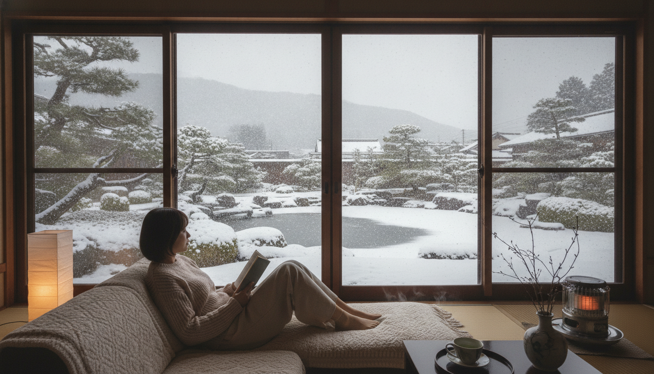 冬でも暖かい断熱性の高い部屋 窓の外に雪が降る中、二重窓と暖房設備で暖かく快適に過ごす日本人