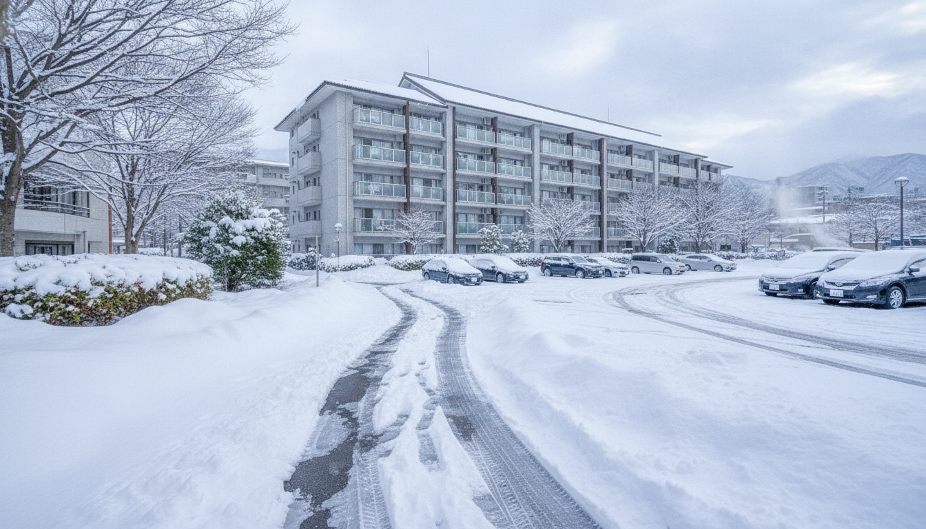 冬のマンション駐車場と除雪 綺麗に除雪された冬の札幌のマンション駐車場と雪景色