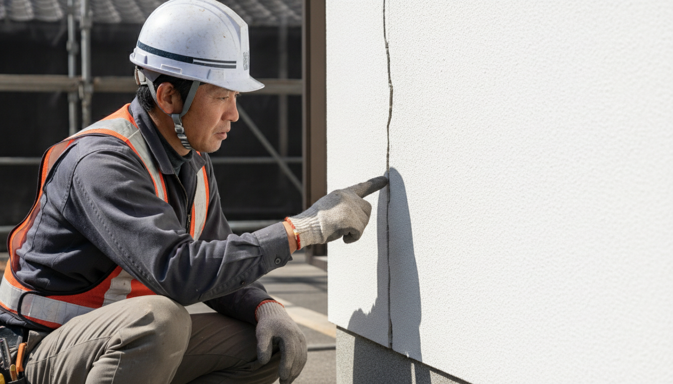外壁のひび割れを点検する職人 外壁に生じた深いクラックを専門業者が点検している様子