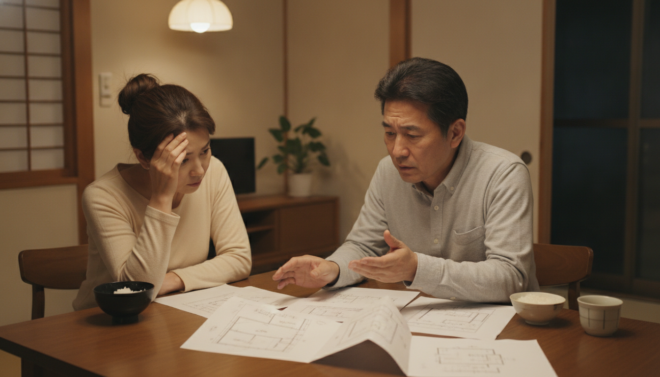 見積もり書を見て悩む夫婦 ダイニングテーブルで見積もり書を広げながら外壁塗装の費用について悩む日本人夫婦