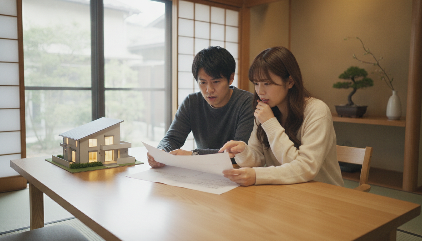 外壁塗装の高額な見積もりを見て不安そうに悩んでいる日本の夫婦