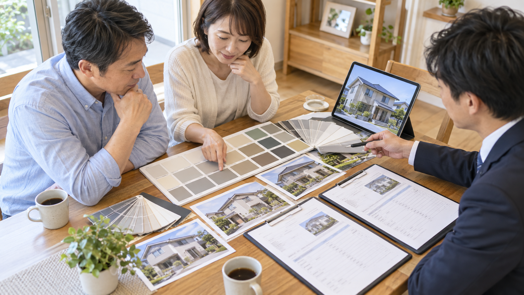 外壁塗装の色と見積もりを比べる 外壁塗装の色見本と見積もりを比較する様子