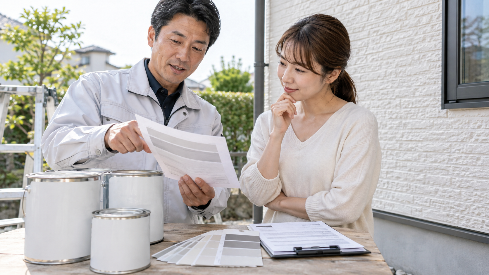 外壁の塗料と下地を確認する様子