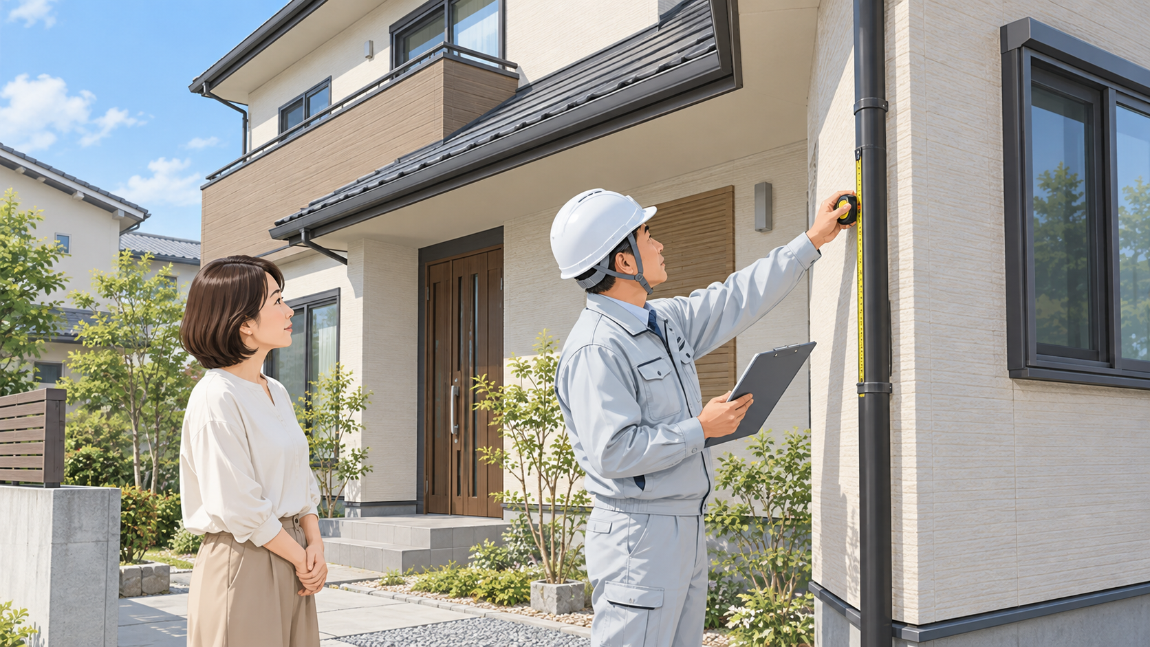 自治体の案内を確認しながら住宅の外壁を調べる様子