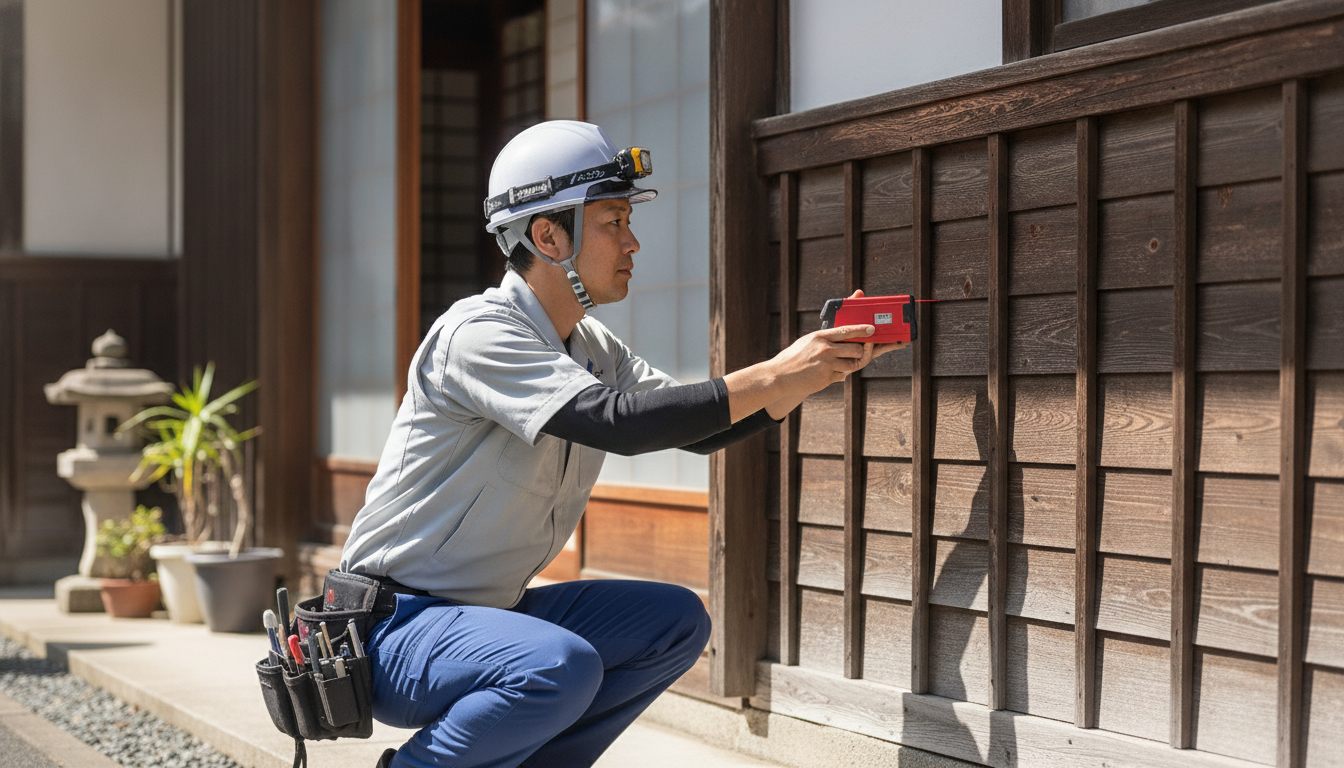 住宅の外壁を測定機器で確認する作業者
