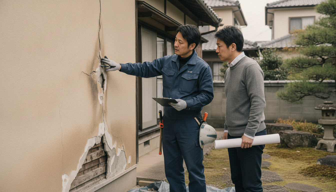追加工事の相談 外壁の劣化部分を見ながら業者と施主が追加工事について話し合う様子