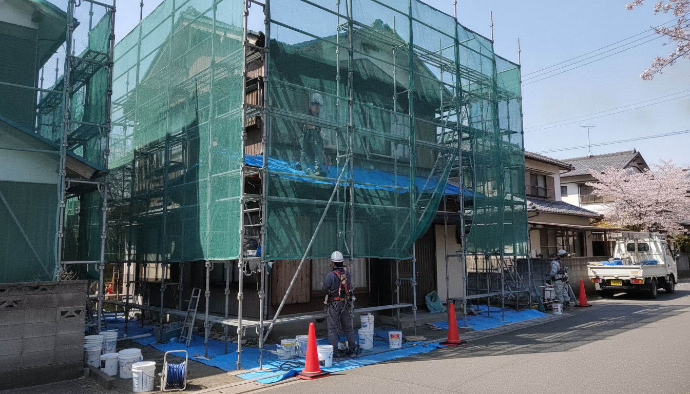 外壁塗装とコーキング補修の同時施工のために足場が組まれた日本の戸建て住宅