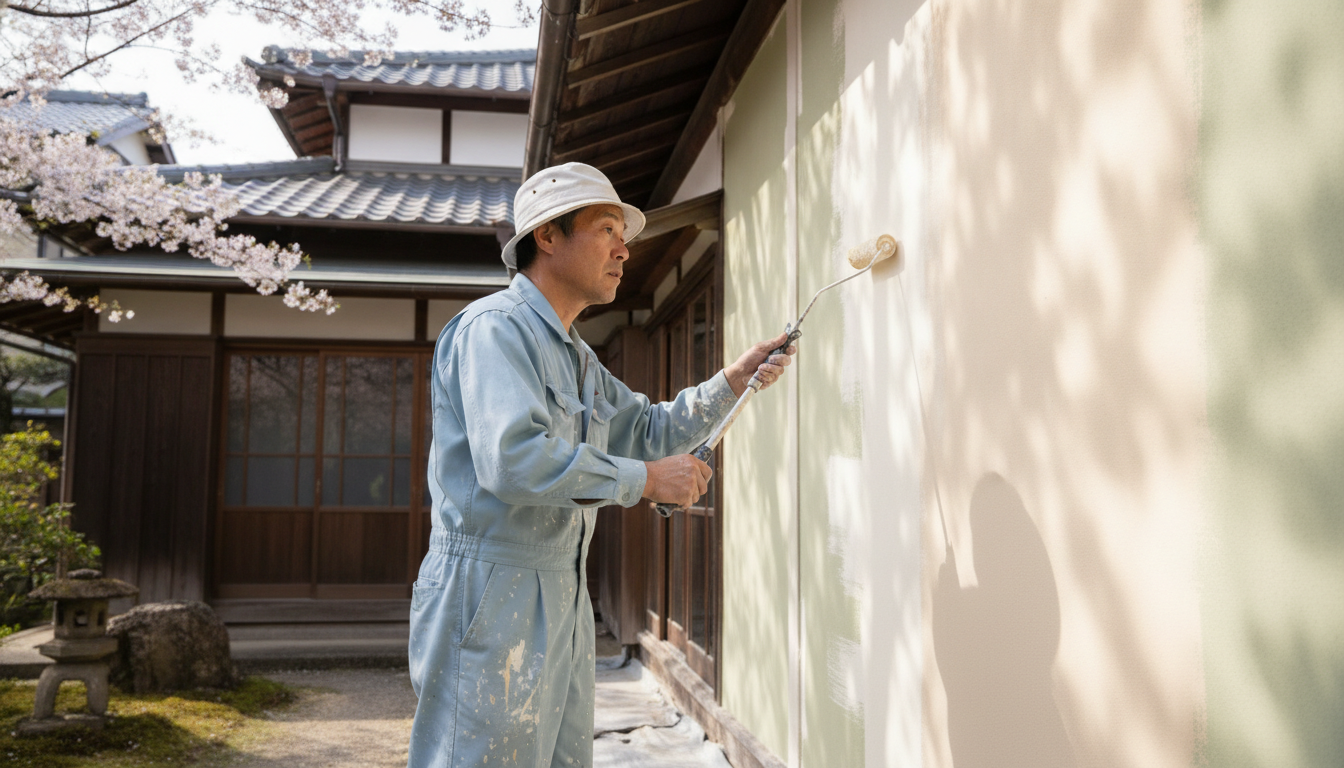 住宅の外壁へローラーで塗料を施工する作業者