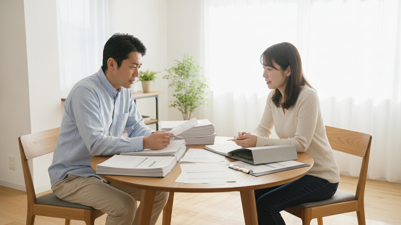 外壁塗装の見積書にある項目を手元で確認する様子